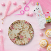 シックなヴィンテージのピンクの白い茶色のバラの花柄パターン ペーパープレート (パーティー)