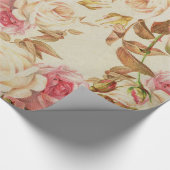 シックなヴィンテージのピンクの白い茶色のバラの花柄パターン ラッピングペーパー (角)