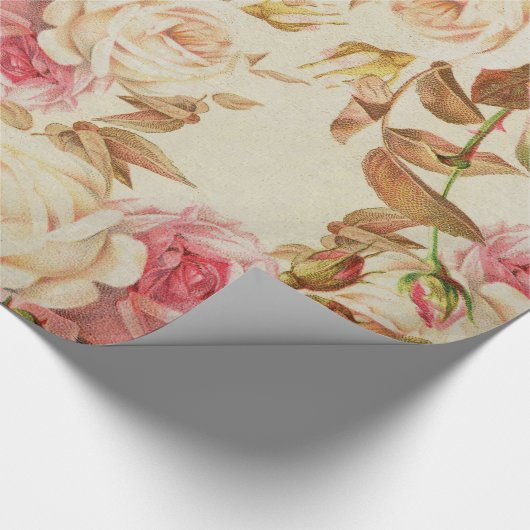 シックなヴィンテージのピンクの白い茶色のバラの花柄パターン ラッピングペーパー (角)
