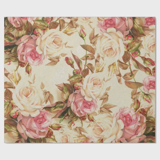 シックなヴィンテージのピンクの白い茶色のバラの花柄パターン ラッピングペーパー (フラット)
