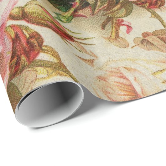 シックなヴィンテージのピンクの白い茶色のバラの花柄パターン ラッピングペーパー (ロールコーナー)