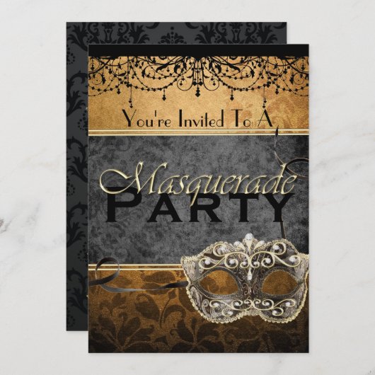 シックなヴィンテージのブラウンの仮面舞踏会の招待状 招待状 (正面/裏面)