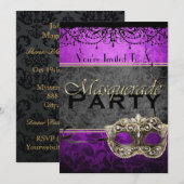 シックなヴィンテージのプラム仮面舞踏会の招待状 招待状 (正面/裏面)