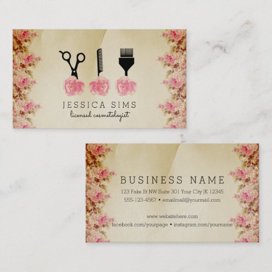 シックなヴィンテージの美容師の美容師のピンクのバラ 名刺 (正面/裏面)