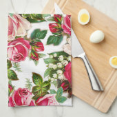 シックなヴィンテージの赤いピンクのバラの花模様 キッチンタオル (四つ折り)