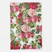 シックなヴィンテージの赤いピンクのバラの花模様 キッチンタオル (縦)
