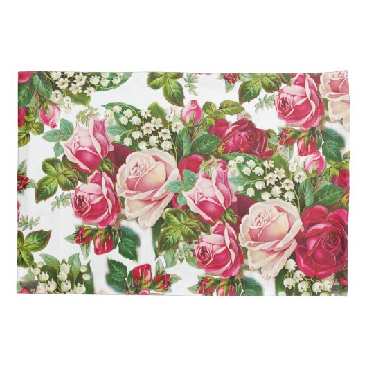 シックなヴィンテージの赤いピンクのバラの花模様 枕カバー (裏面)