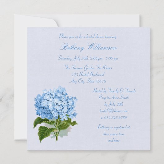 シックなヴィンテージの青いアジサイの花のブライダルシャワー 招待状 (裏面)