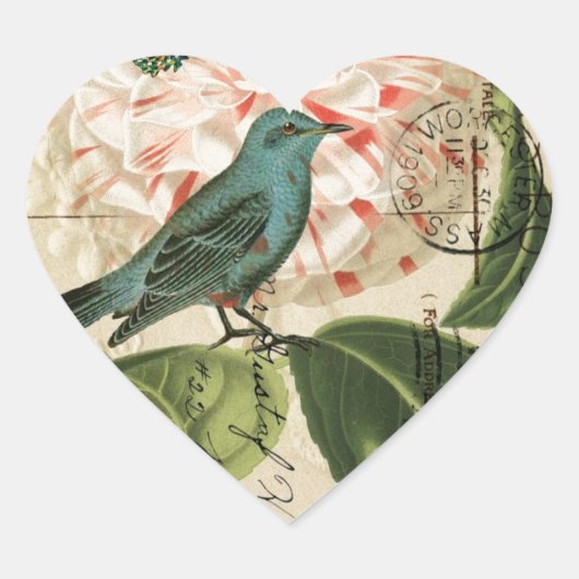 シックなヴィンテージの鳥のツバキのフランスのな植物の芸術 ハートシール (正面)