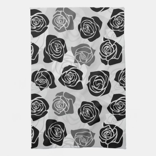 シックなヴィンテージの黒と白のバラ キッチンタオル (縦)