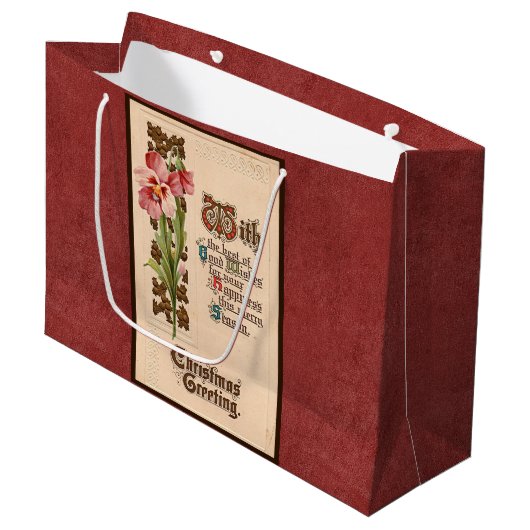 シックなヴィンテージクリスマスグリーティングonアンティークレッド ラージペーパーバッグ (正面アングル)