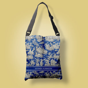 シックなヴィンテージダークブルーのトワールde jouy printed クロスボディバッグ