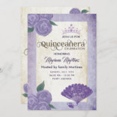 シックなヴィンテージハンドファンパープルバラティアラクインズイン 招待状 (正面/裏面)