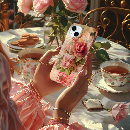 シックなヴィンテージピンクフローラターニングパピルス iPhone 15 MINIケース