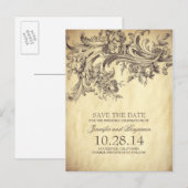 シックなヴィンテージフローラスワーズ日付ポストカードを保存 案内ポストカード (正面/裏面)