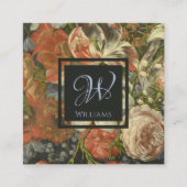 シックなヴィンテージフローラ赤い青色の無煙炭モノグラム スクエア名刺 (正面)