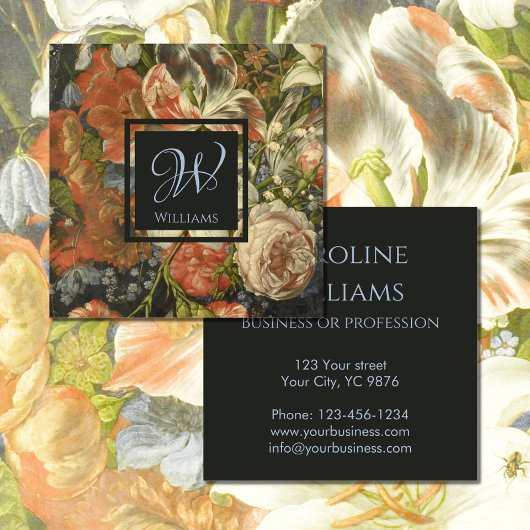 シックなヴィンテージフローラ赤い青色の無煙炭モノグラム スクエア名刺