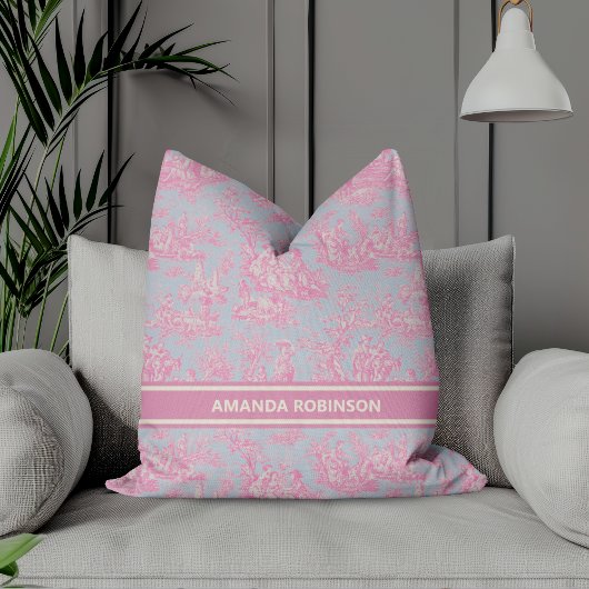 シックなヴィンテージブルーのピンクのトワールde jouyプリント クッション