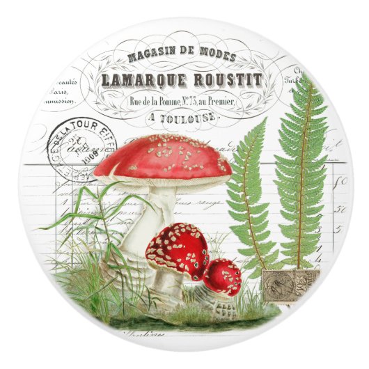 シックなヴィンテージマッシュルームフランスのシダ&スクリプトノブ セラミックノブ (正面)