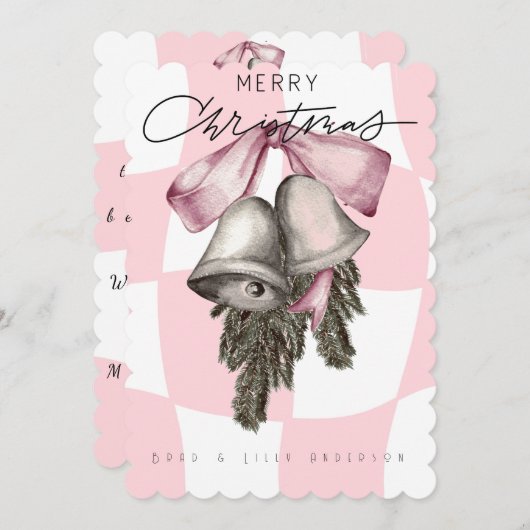 シックなヴィンテージレトロクリスマスピンクプレイド シーズンカード (正面/裏面)