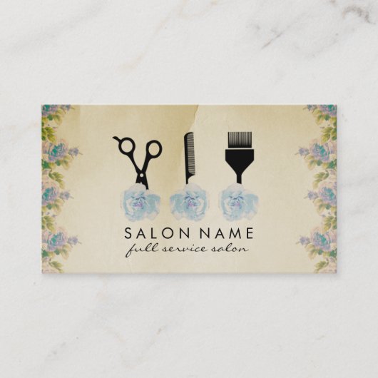 シックなヴィンテージ美容師ヘアスタイリストブルーバラ 名刺 (正面)