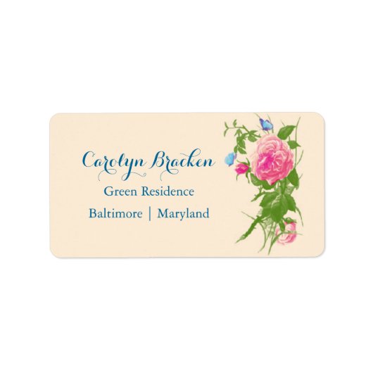 シックなヴィンテージ花 |バラ |蝶 ラベル (正面)