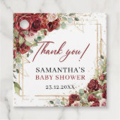 シックなヴィンテージ赤いバラのユーカリプトゥスベビーシャワー フェイバータグ (正面)