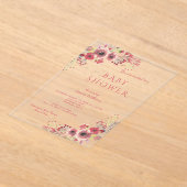 シックな上品な赤いフローラ水の色ベビーシャワー アクリル招待状 (レイダウン)