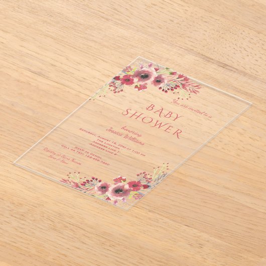 シックな上品な赤いフローラ水の色ベビーシャワー アクリル招待状 (レイダウン)