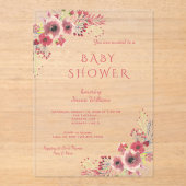 シックな上品な赤いフローラ水の色ベビーシャワー アクリル招待状 (正面)