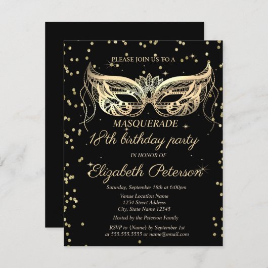 シックな仮装金ゴールドダイヤモンド18誕生日 招待状 (正面/裏面)