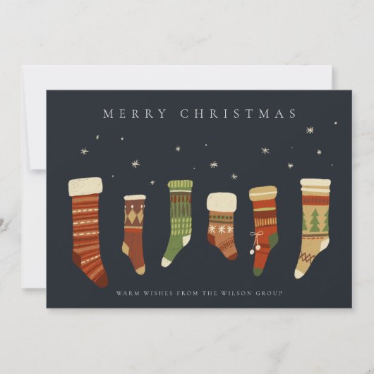シックな企業のネイビーレッドグリーンクリスマスストッキング シーズンカード (正面)