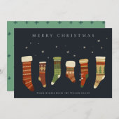 シックな企業のネイビーレッドグリーンクリスマスストッキング シーズンカード (正面/裏面)