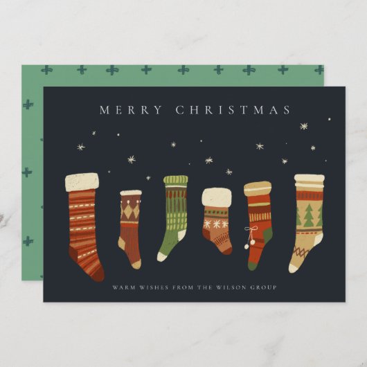 シックな企業のネイビーレッドグリーンクリスマスストッキング シーズンカード (正面/裏面)