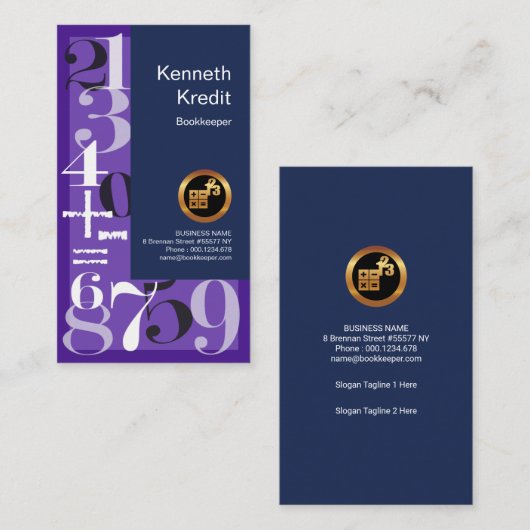 シックな借方信用の紫色は簿記に番号を付けます 名刺 (正面/裏面)