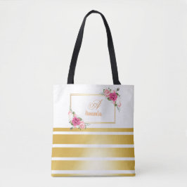 シックな光沢のあるゴールデンストライプフォイルガーリーズ名モノグラム トートバッグ