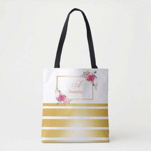 シックな光沢のあるゴールデンストライプフォイルガーリーズ名モノグラム トートバッグ (正面)