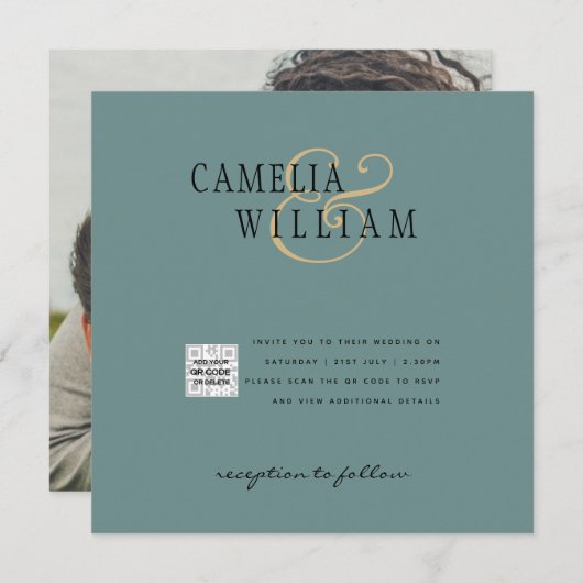 シックな写真の結婚式の招待QRコード救日緑 (正面/裏面)