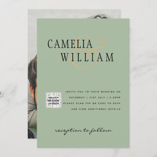 シックな写真の結婚式の招待QRコード救日緑 招待状 (正面/裏面)