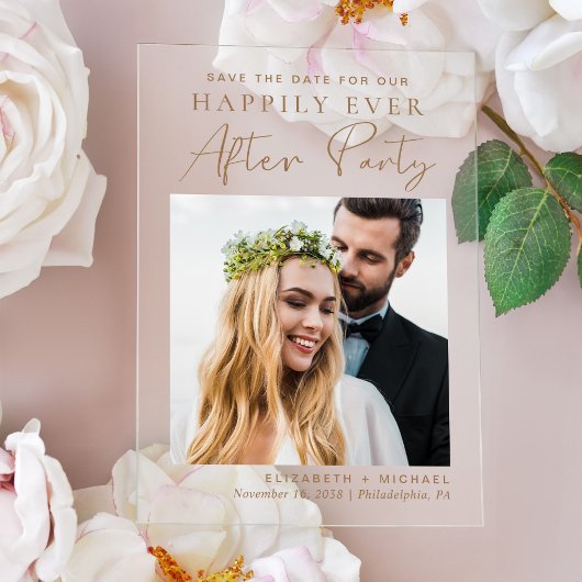 シックな写真金ゴールドウェディングレセプション日付を保存 アクリル招待状