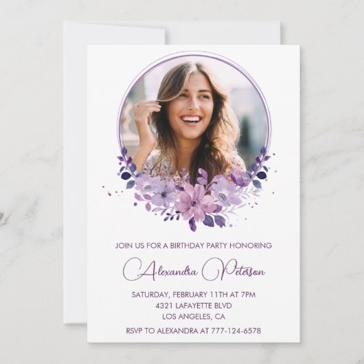 シックな写真42番目の誕生日の招待フローラ紫 招待状 (正面)