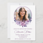 シックな写真44th誕生日の招待フローラ紫 招待状 (正面)