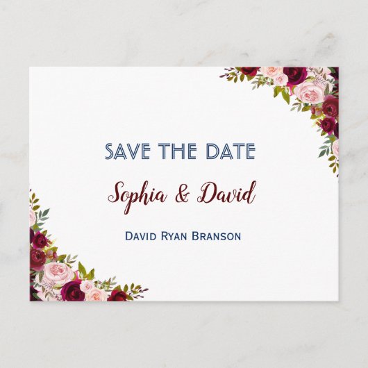 シックな冬のブルガンディマルサラフローラは日付を保存 案内ポストカード (正面)