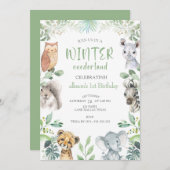 シックな冬の動物オンダーランド1st誕生日 招待状 (正面/裏面)