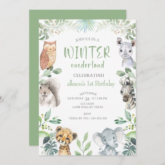 シックな冬の動物オンダーランド1st誕生日 招待状 (正面/裏面)