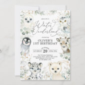 シックな冬の北極の動物オンダーランド1st誕生日 招待状 (正面)