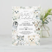 シックな冬の北極の動物オンダーランド1st誕生日 招待状 (スタンド正面)