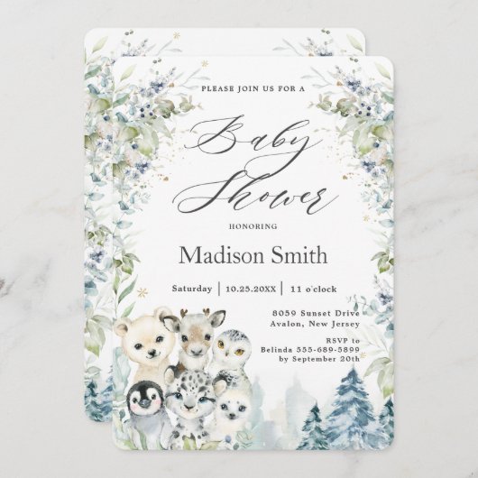 シックな冬の北極動物がベビーシャワー中立 招待状 (正面/裏面)