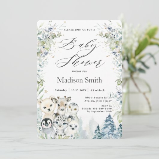 シックな冬の北極動物がベビーシャワー中立 招待状 (スタンド正面)