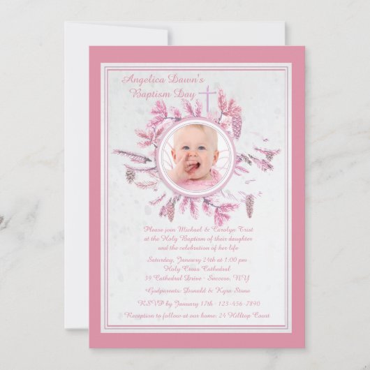 シックな冬の宗教的な写真招待状ピンク 招待状 (正面)